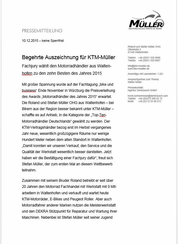 Pressemitteilung Müller von der Werbeagentur Denkrauch im Allgäu