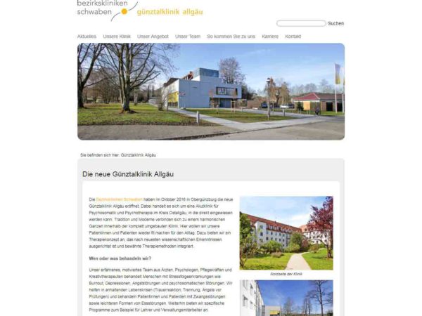 Homepage der Günztalklinik Allgäu von der Werbeagentur Denkrausch in Obergünzburg